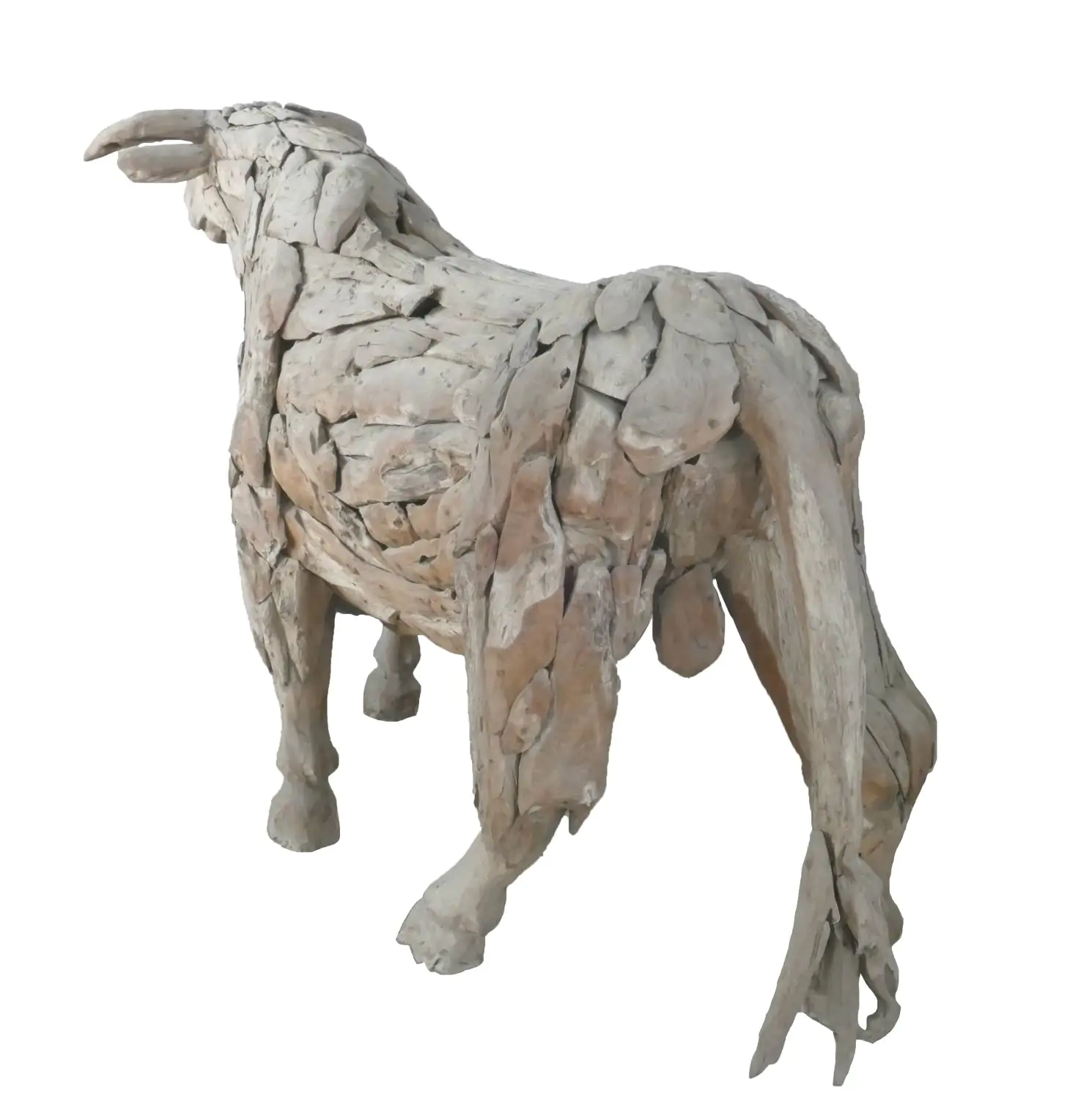  Product image 4 of the product “Standing Bull. Artistic made made from single teak wood pieces. The head is carved wood. The size is 255cm Length. ”